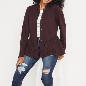 Maurice’s Dark Brown Ruffle Trim Military Jacket Size Medium in a Red Maroon